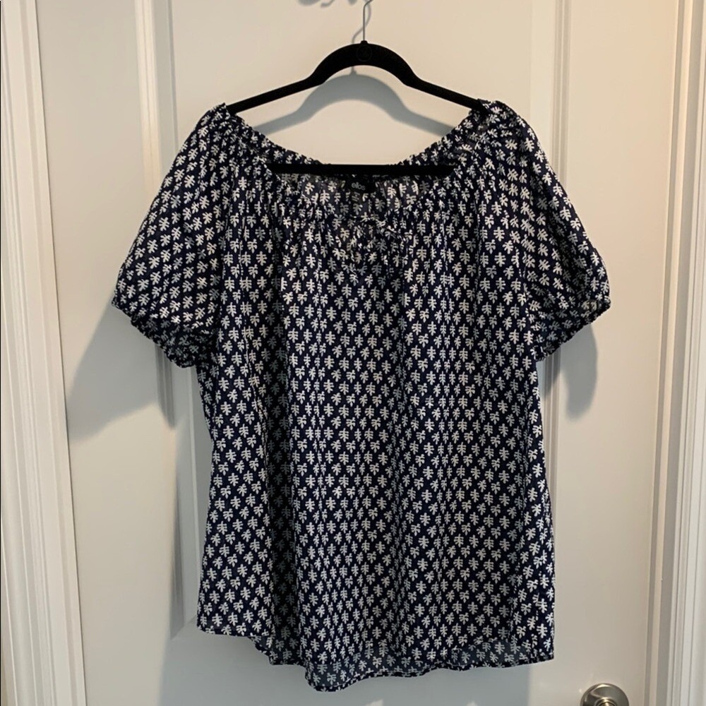 Ellos 1X Blue White Ruffled keyhole Tie Relaxed Peasant Blouse N006